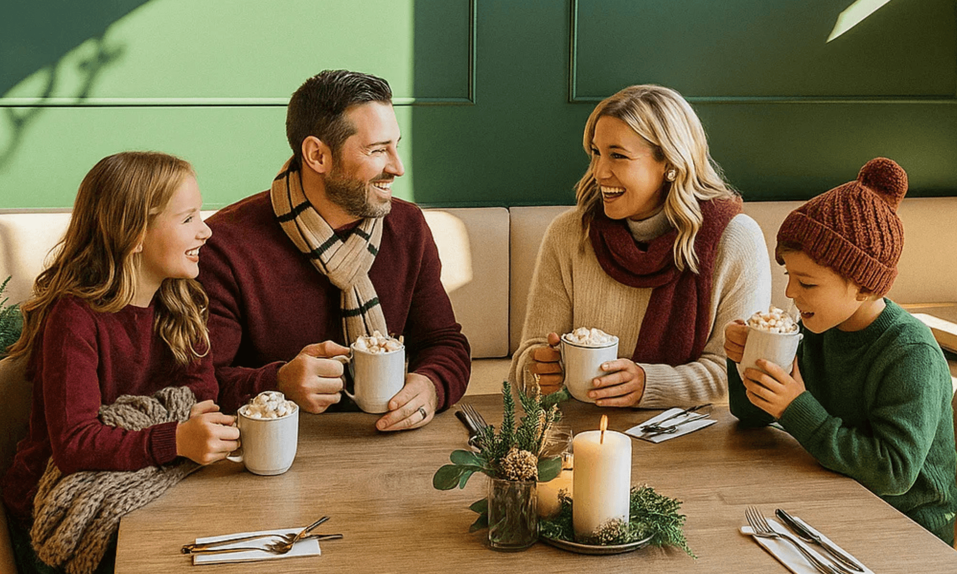Family drinking hot cocoa around the dining table