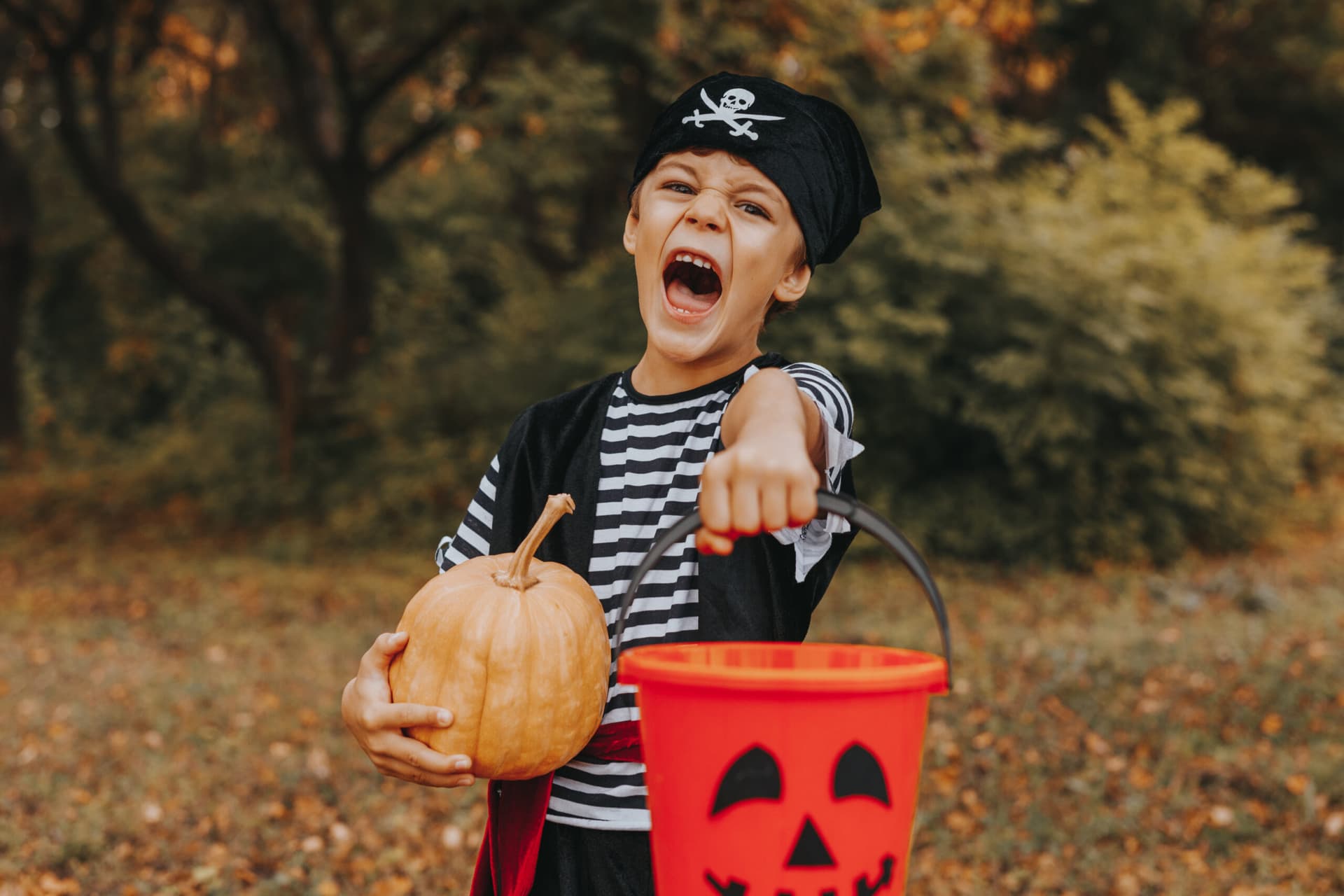 Pirate Pumkin Pary- boy with pumpkin in pirate bandana