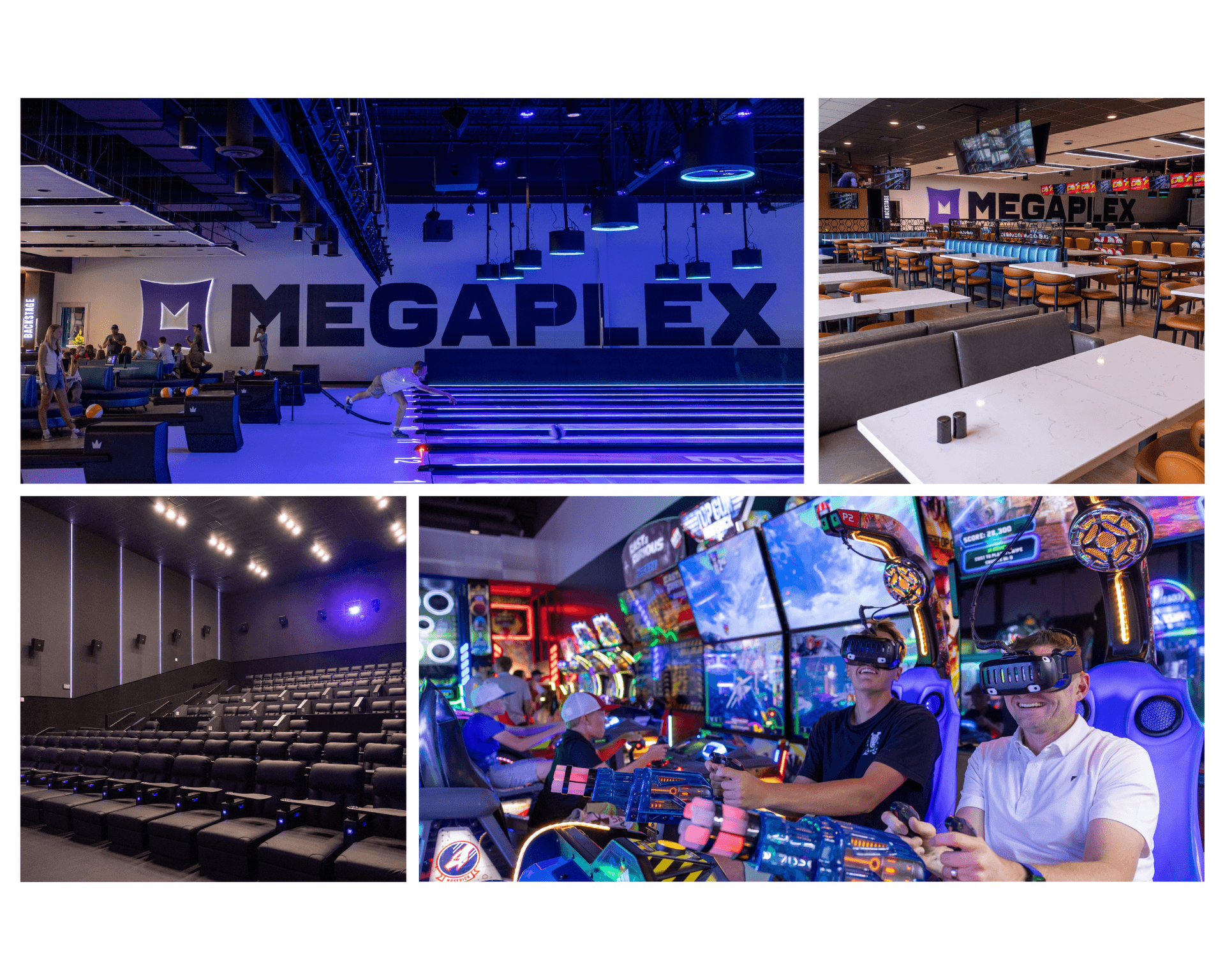 Megaplex cimena entertainment center collage of bowling, theater, games, and dining