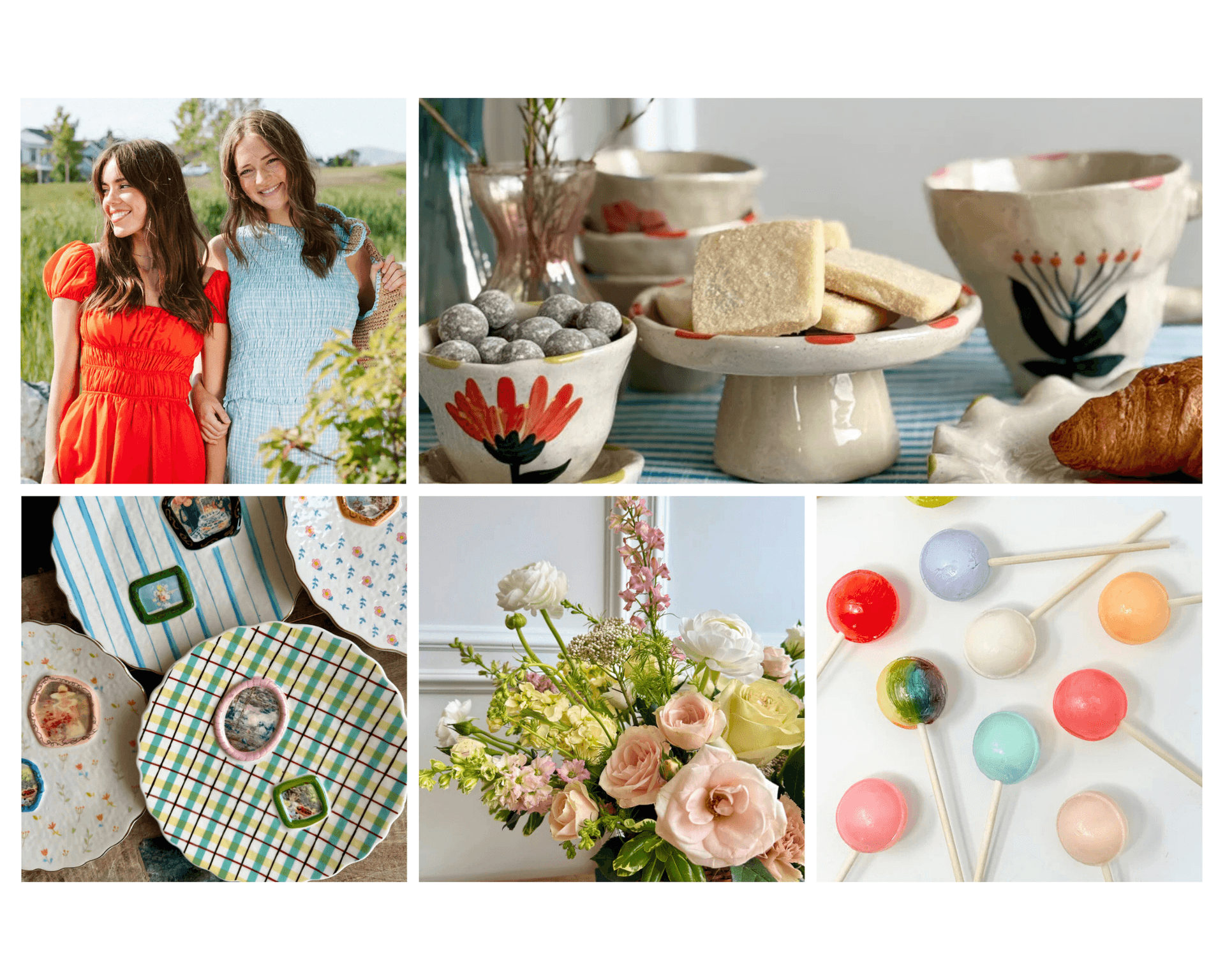 Images of Jolley's Corner. Dresses, kitchenware, flowers, and candy.
